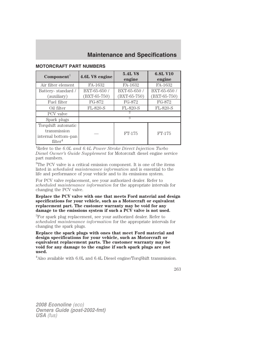 Motorcraft part numbers, Part numbers, Maintenance and specifications | FORD 2008 E-450 v.1 User Manual | Page 263 / 280