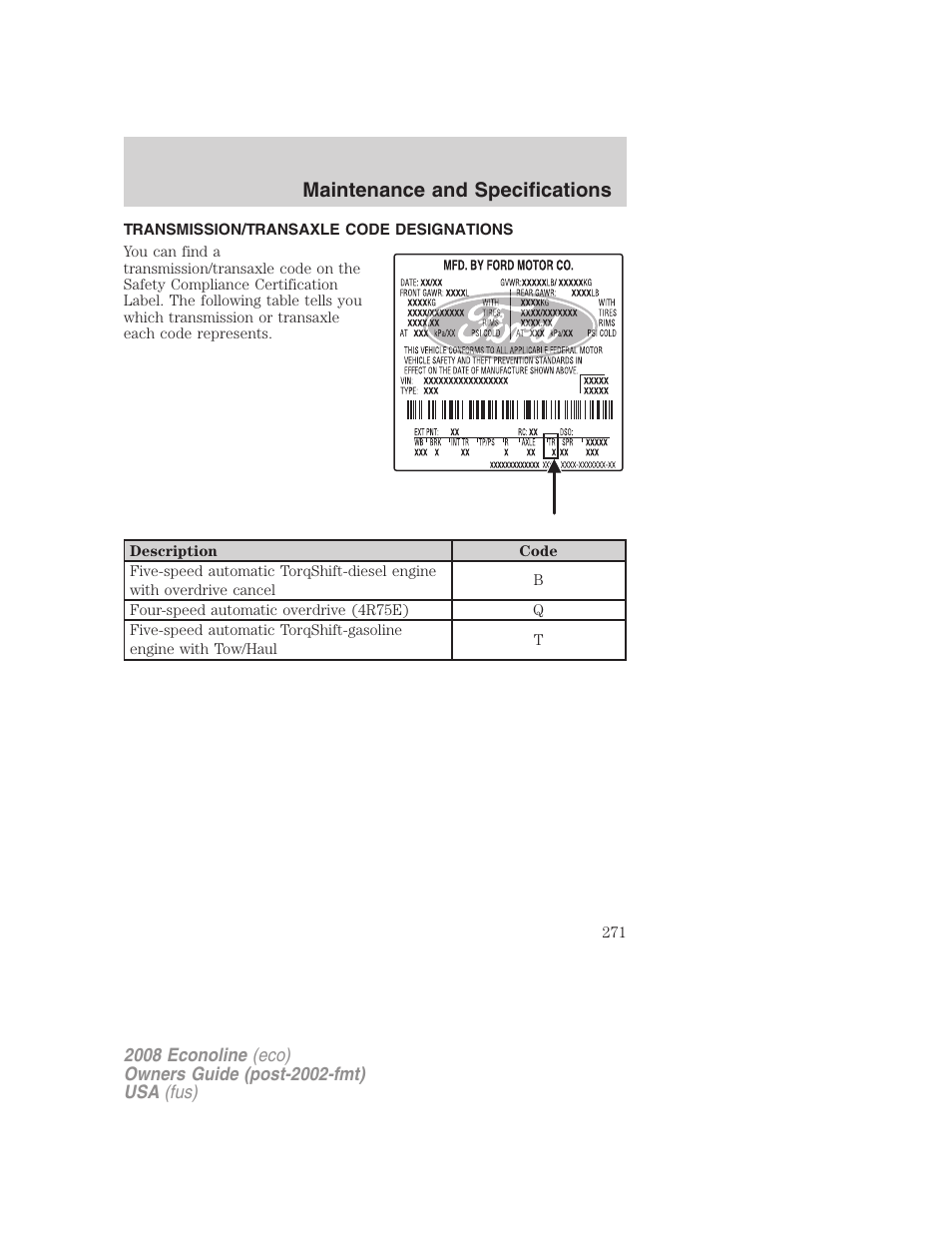 Transmission/transaxle code designations, Maintenance and specifications | FORD 2008 E-450 v.1 User Manual | Page 271 / 280