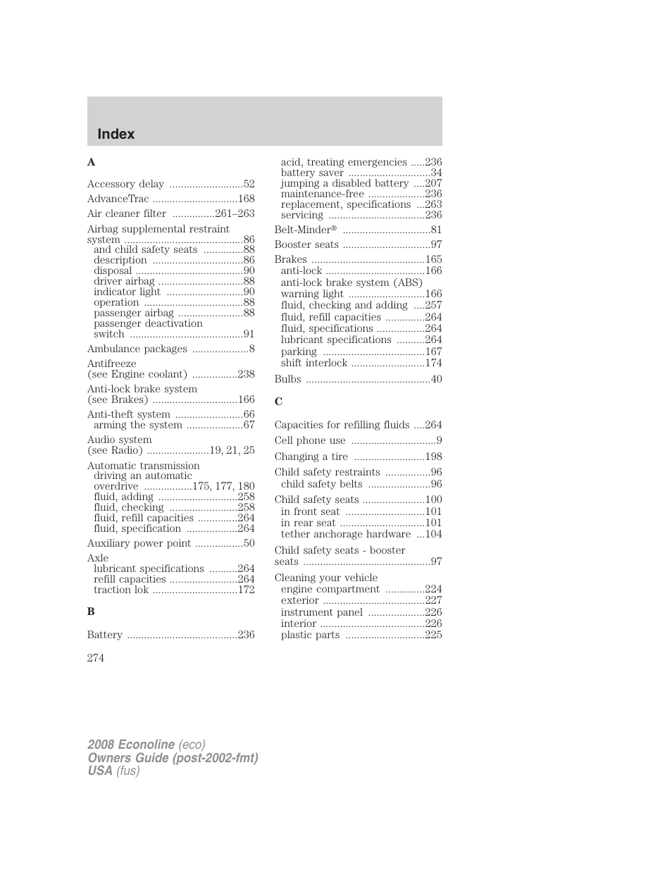 Index | FORD 2008 E-450 v.1 User Manual | Page 274 / 280