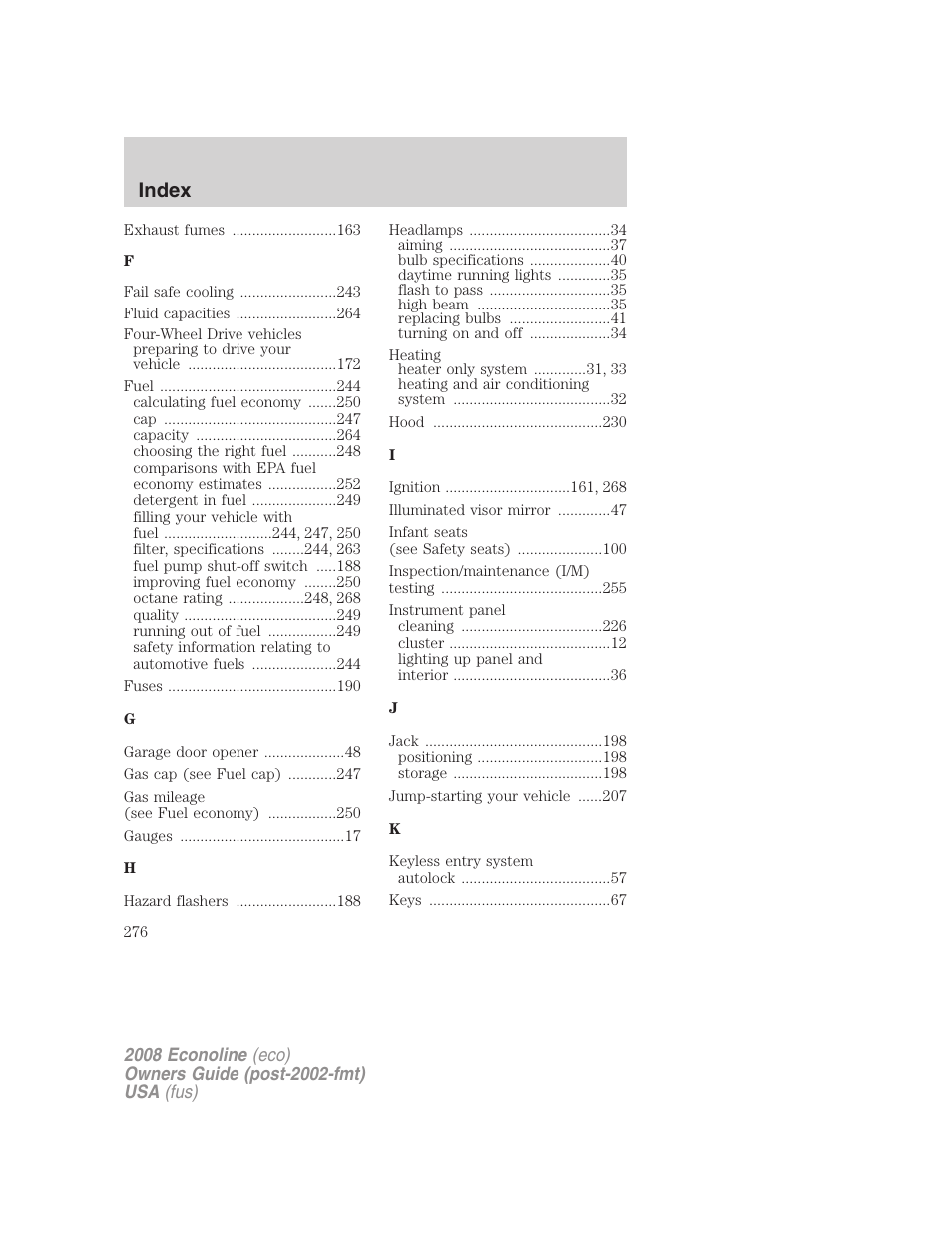 Index | FORD 2008 E-450 v.1 User Manual | Page 276 / 280