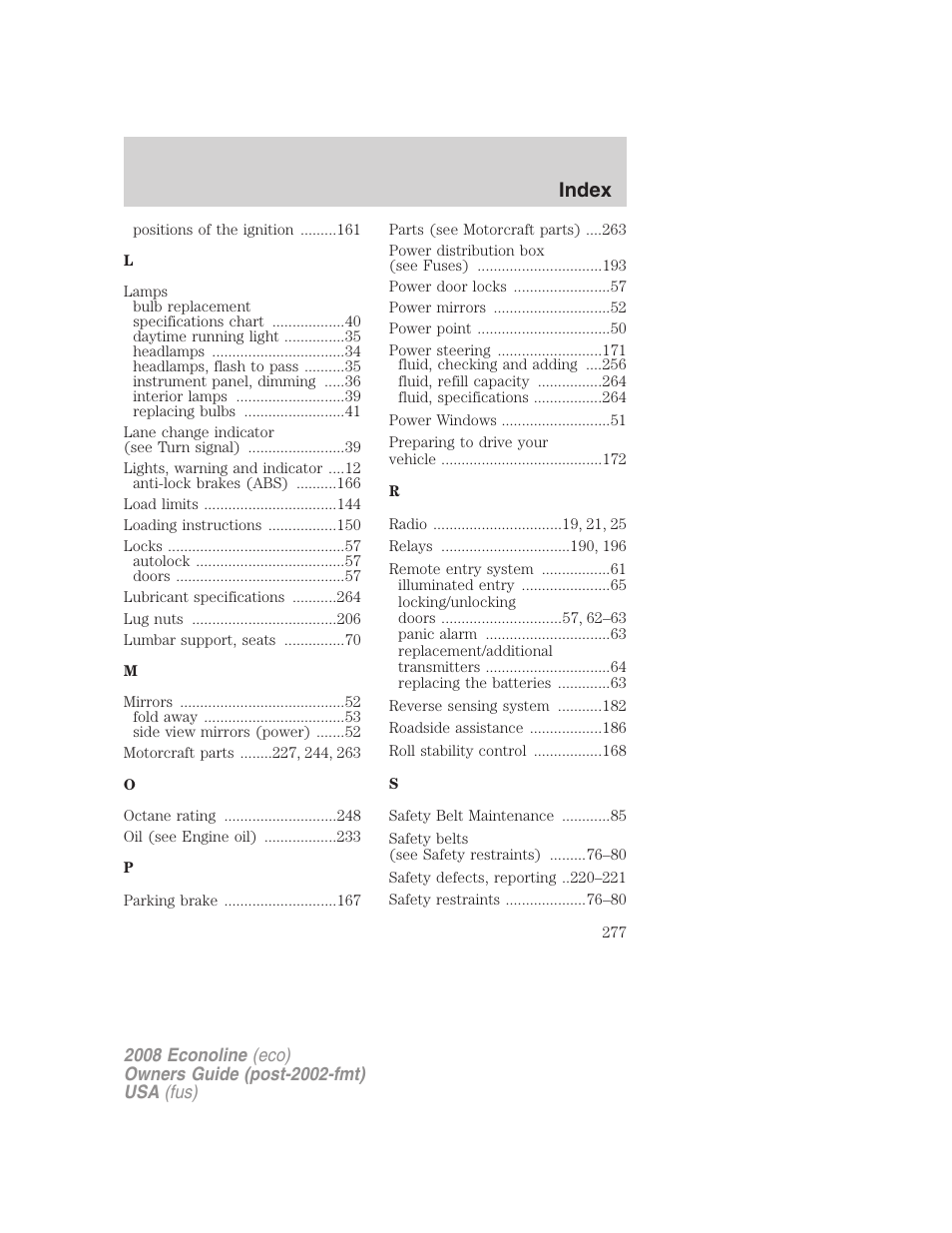 Index | FORD 2008 E-450 v.1 User Manual | Page 277 / 280