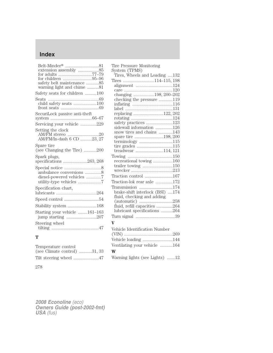 Index | FORD 2008 E-450 v.1 User Manual | Page 278 / 280