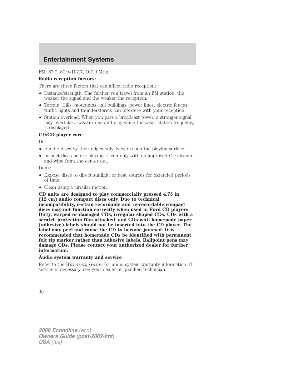 Entertainment systems | FORD 2008 E-450 v.1 User Manual | Page 30 / 280