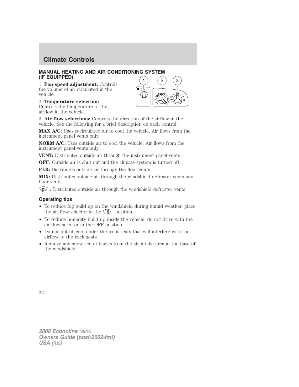 Operating tips, Manual heating and air conditioning, Climate controls | FORD 2008 E-450 v.1 User Manual | Page 32 / 280