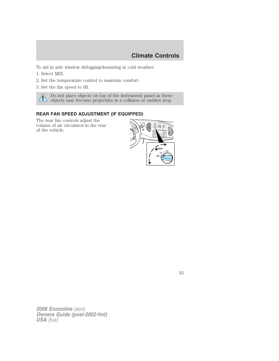 Rear fan speed adjustment (if equipped), Climate controls | FORD 2008 E-450 v.1 User Manual | Page 33 / 280