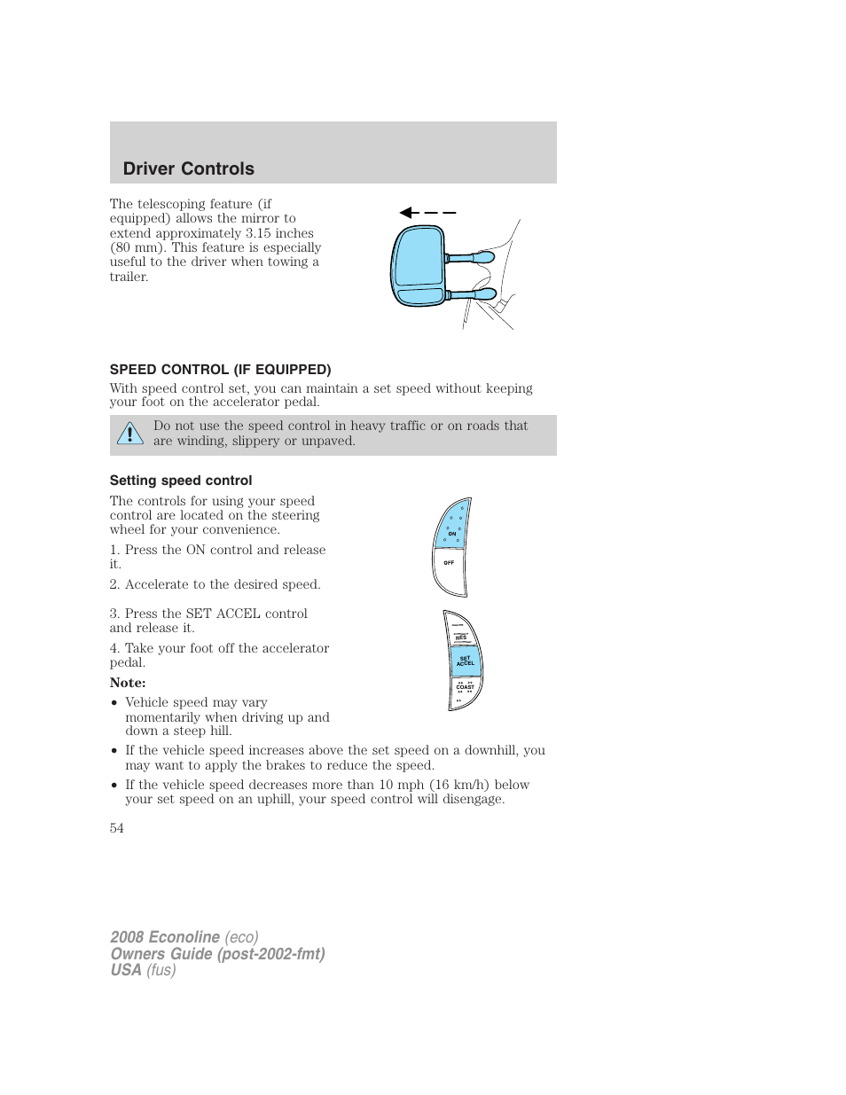 Speed control (if equipped), Setting speed control, Speed control | Driver controls | FORD 2008 E-450 v.1 User Manual | Page 54 / 280