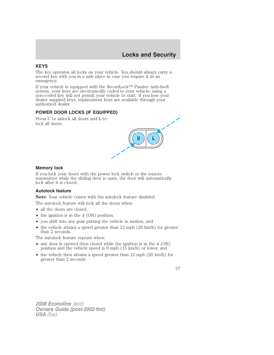 Locks and security, Keys, Power door locks (if equipped) | Memory lock, Autolock feature, Locks | FORD 2008 E-450 v.1 User Manual | Page 57 / 280