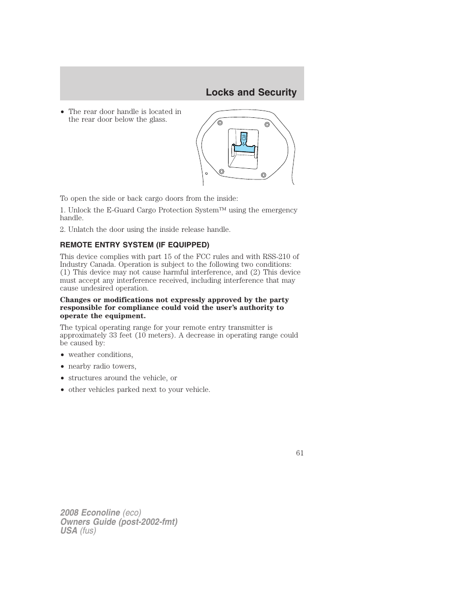 Remote entry system (if equipped), Locks and security | FORD 2008 E-450 v.1 User Manual | Page 61 / 280