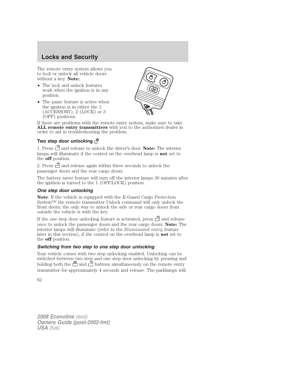 Two step door unlocking, One step door unlocking, Switching from two step to one step door unlocking | Locks and security | FORD 2008 E-450 v.1 User Manual | Page 62 / 280