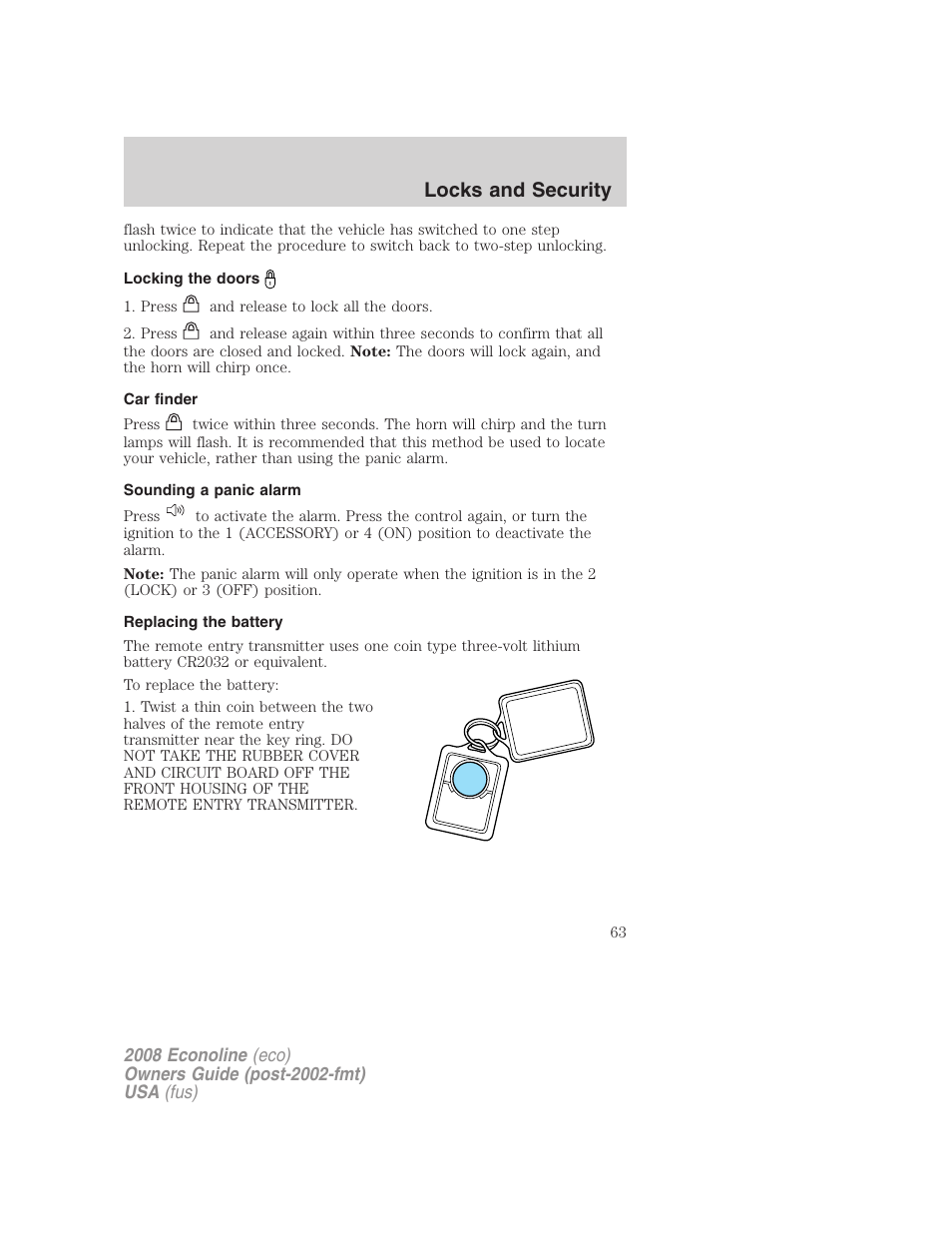 Locking the doors, Car finder, Sounding a panic alarm | Replacing the battery, Locks and security | FORD 2008 E-450 v.1 User Manual | Page 63 / 280