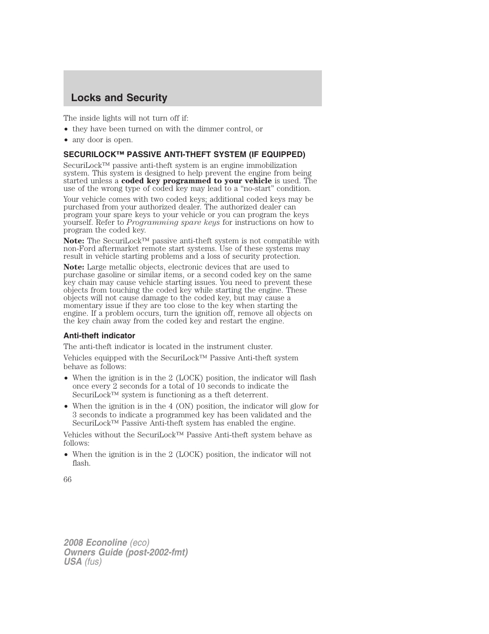 Anti-theft indicator, Anti-theft system, Locks and security | FORD 2008 E-450 v.1 User Manual | Page 66 / 280