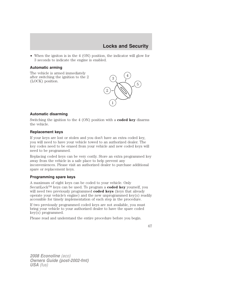 Automatic arming, Automatic disarming, Replacement keys | Programming spare keys, Locks and security | FORD 2008 E-450 v.1 User Manual | Page 67 / 280