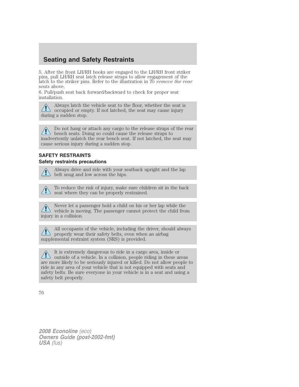 Safety restraints, Safety restraints precautions, Seating and safety restraints | FORD 2008 E-450 v.1 User Manual | Page 76 / 280