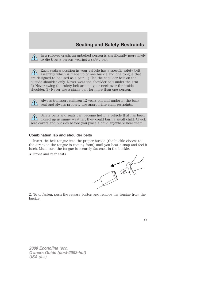 Combination lap and shoulder belts, Seating and safety restraints | FORD 2008 E-450 v.1 User Manual | Page 77 / 280