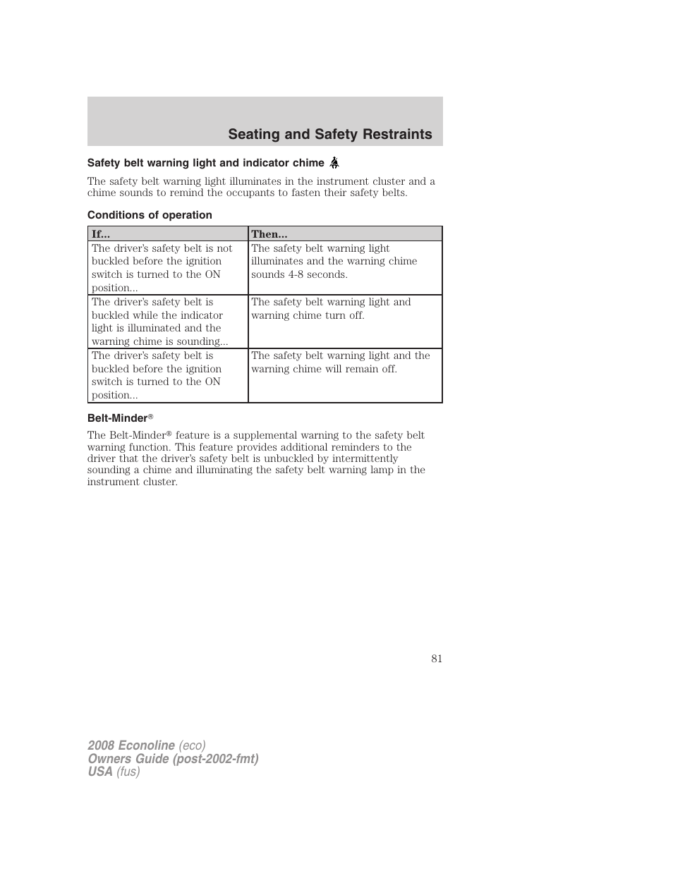 Safety belt warning light and indicator chime, Conditions of operation, Belt-minder | Seating and safety restraints | FORD 2008 E-450 v.1 User Manual | Page 81 / 280