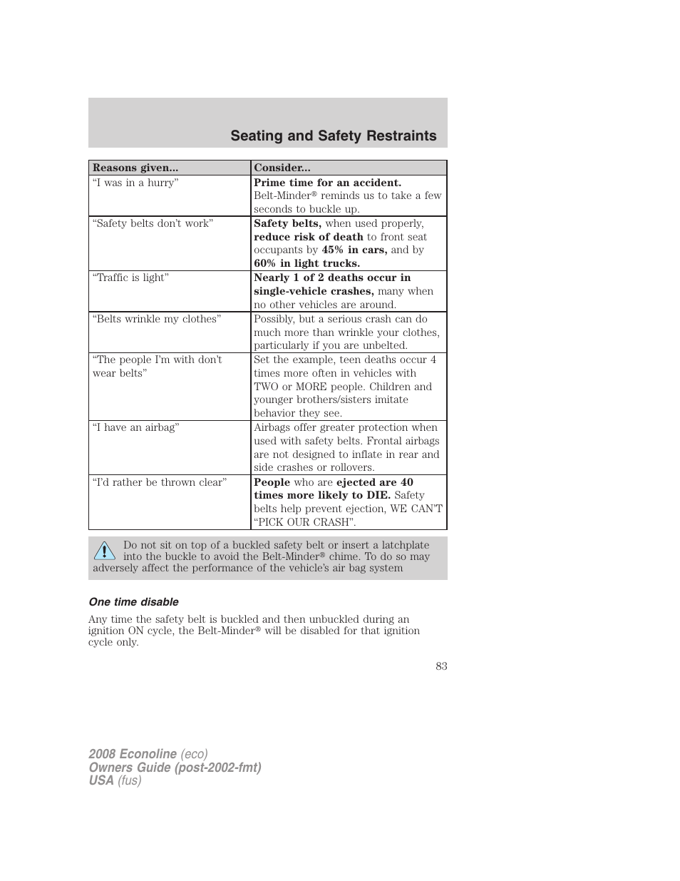 One time disable, Seating and safety restraints | FORD 2008 E-450 v.1 User Manual | Page 83 / 280