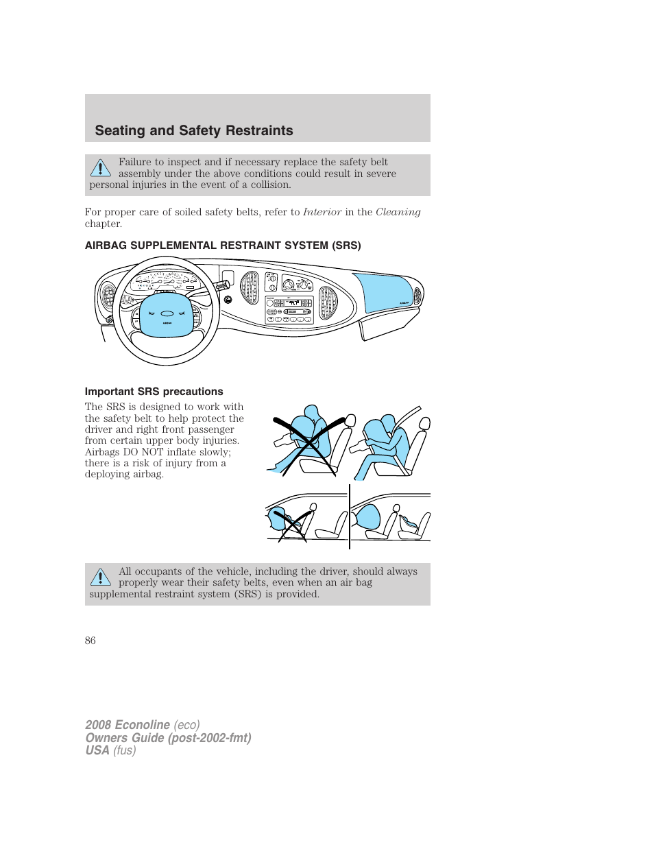 Airbag supplemental restraint system (srs), Important srs precautions, Airbags | Seating and safety restraints | FORD 2008 E-450 v.1 User Manual | Page 86 / 280