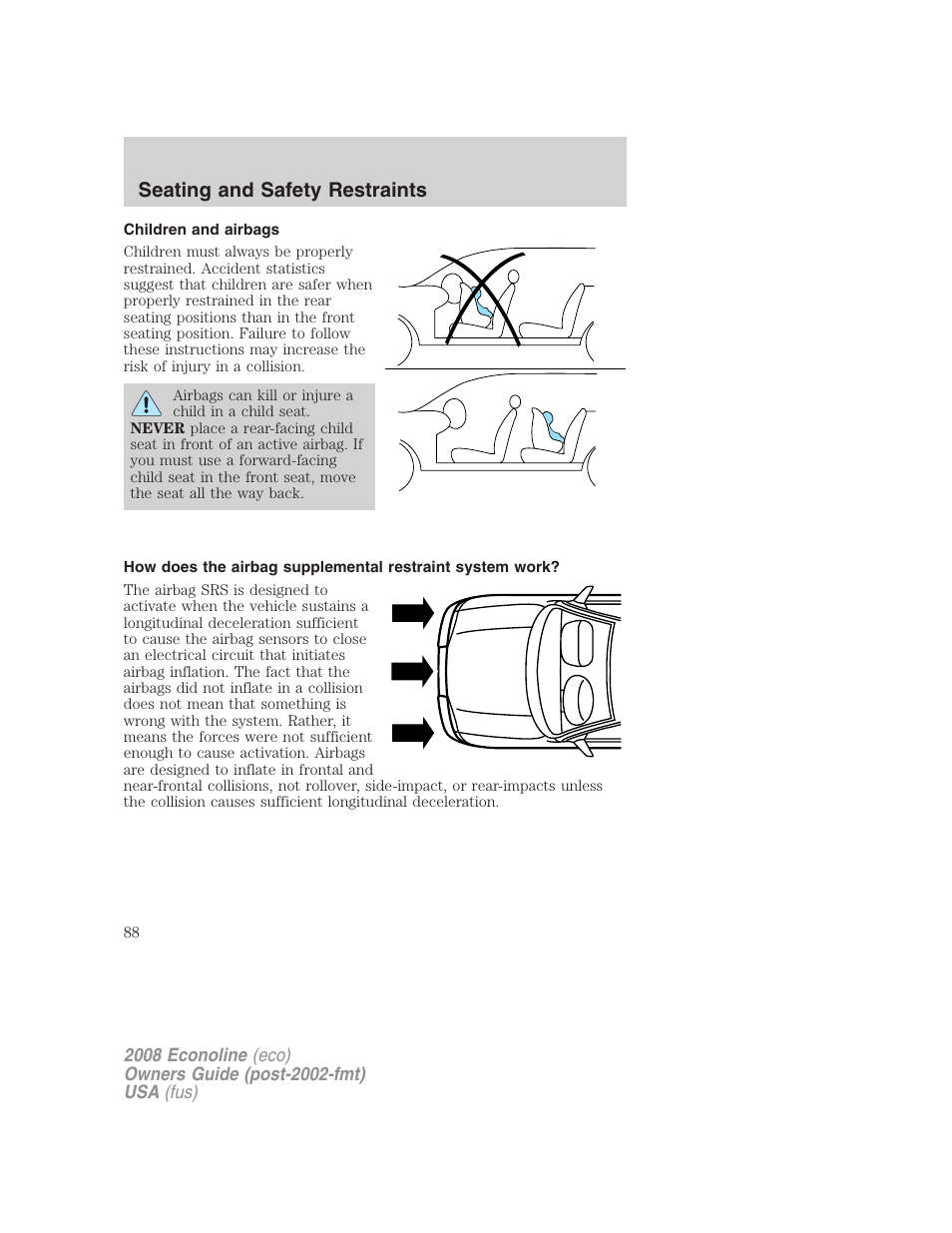 Children and airbags, Seating and safety restraints | FORD 2008 E-450 v.1 User Manual | Page 88 / 280