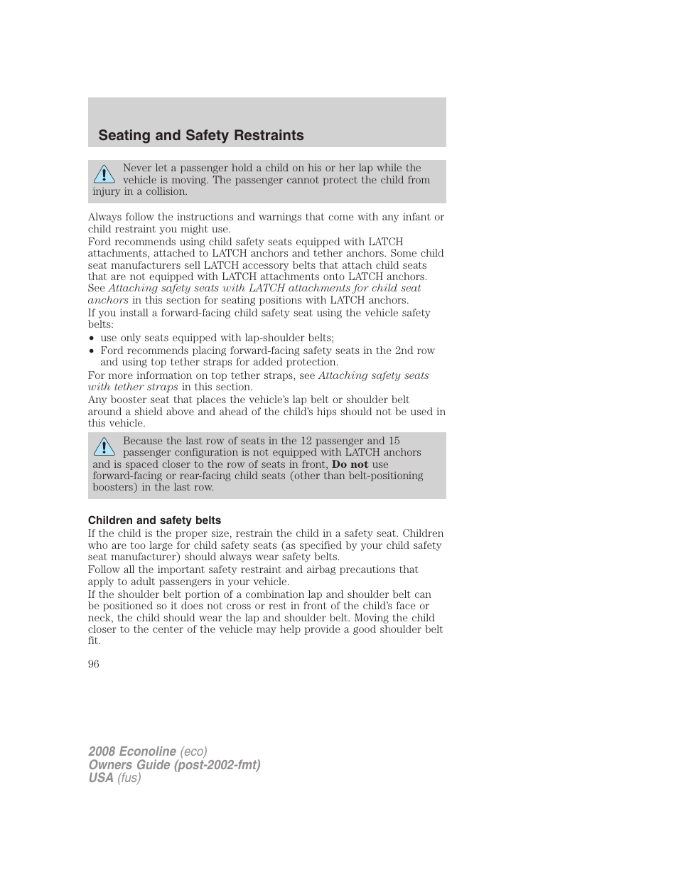 Children and safety belts, Seating and safety restraints | FORD 2008 E-450 v.1 User Manual | Page 96 / 280