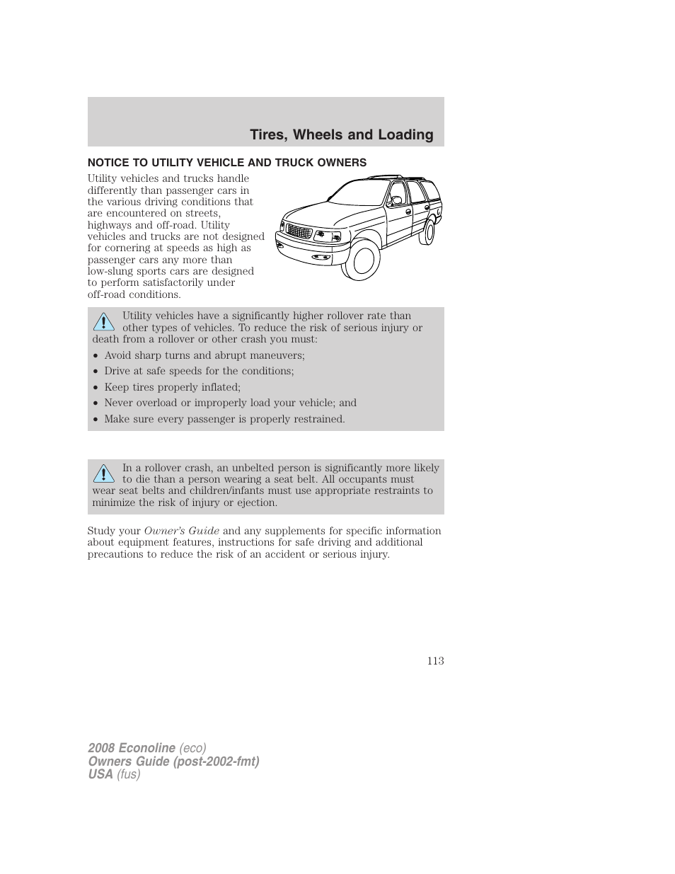 Tires, wheels and loading, Notice to utility vehicle and truck owners | FORD 2008 E-450 v.2 User Manual | Page 113 / 288