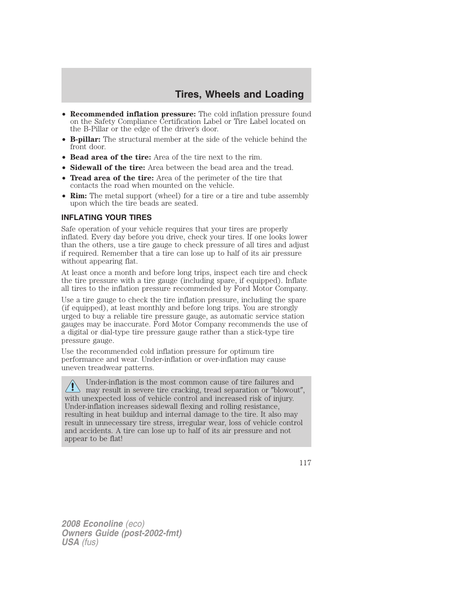 Inflating your tires, Tire inflation, Tires, wheels and loading | FORD 2008 E-450 v.2 User Manual | Page 117 / 288