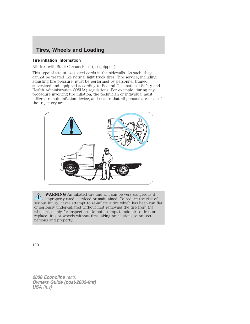 Tire inflation information, Tires, wheels and loading | FORD 2008 E-450 v.2 User Manual | Page 120 / 288