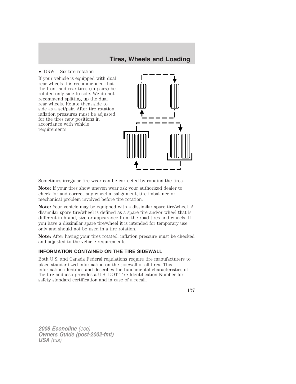 Information contained on the tire sidewall, Tires, wheels and loading | FORD 2008 E-450 v.2 User Manual | Page 127 / 288