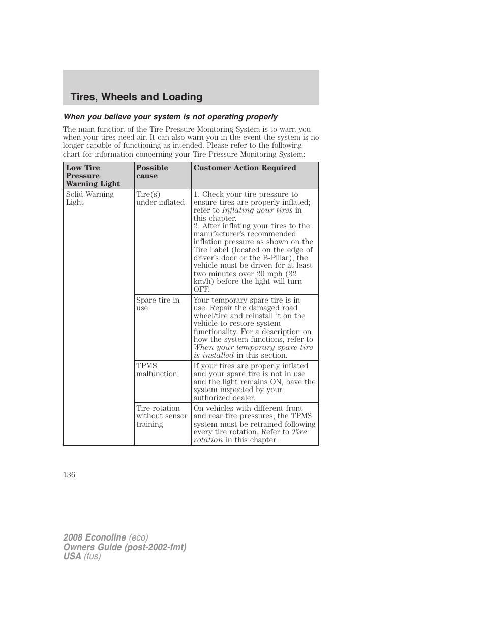 Tires, wheels and loading | FORD 2008 E-450 v.2 User Manual | Page 136 / 288