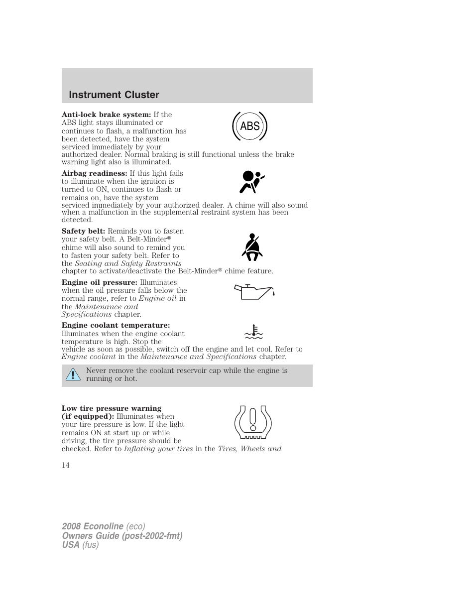 Instrument cluster | FORD 2008 E-450 v.2 User Manual | Page 14 / 288