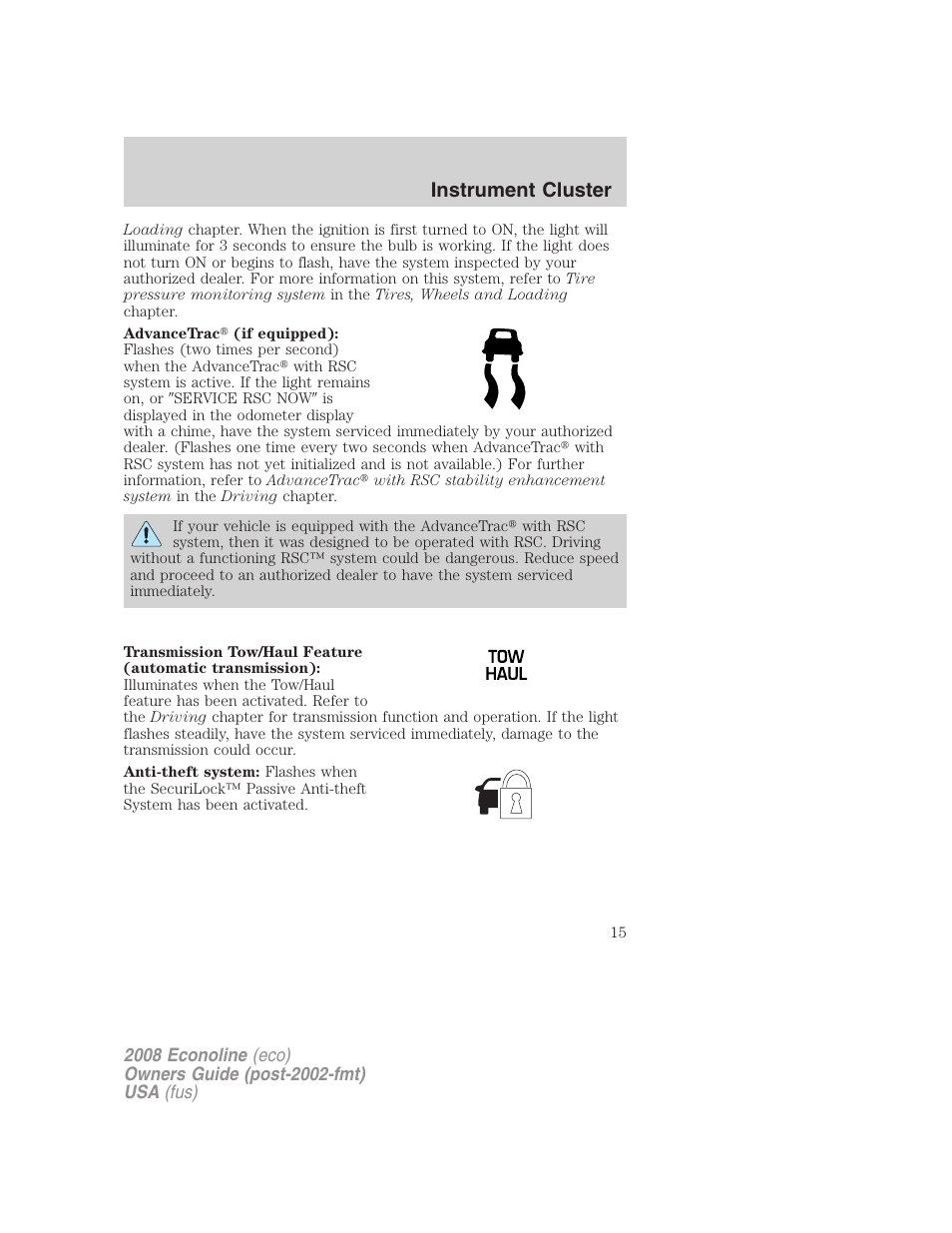 Instrument cluster | FORD 2008 E-450 v.2 User Manual | Page 15 / 288