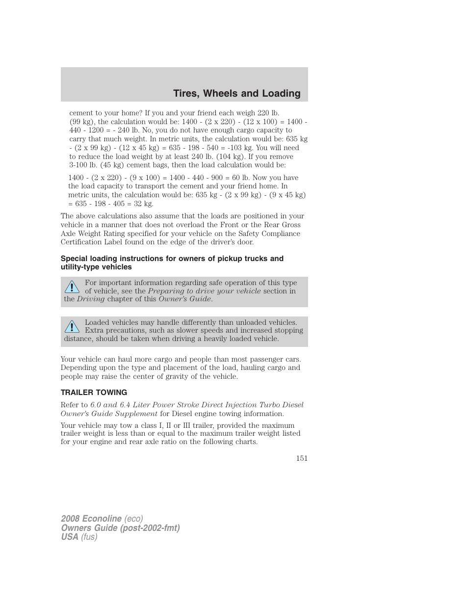 Trailer towing, Tires, wheels and loading | FORD 2008 E-450 v.2 User Manual | Page 151 / 288
