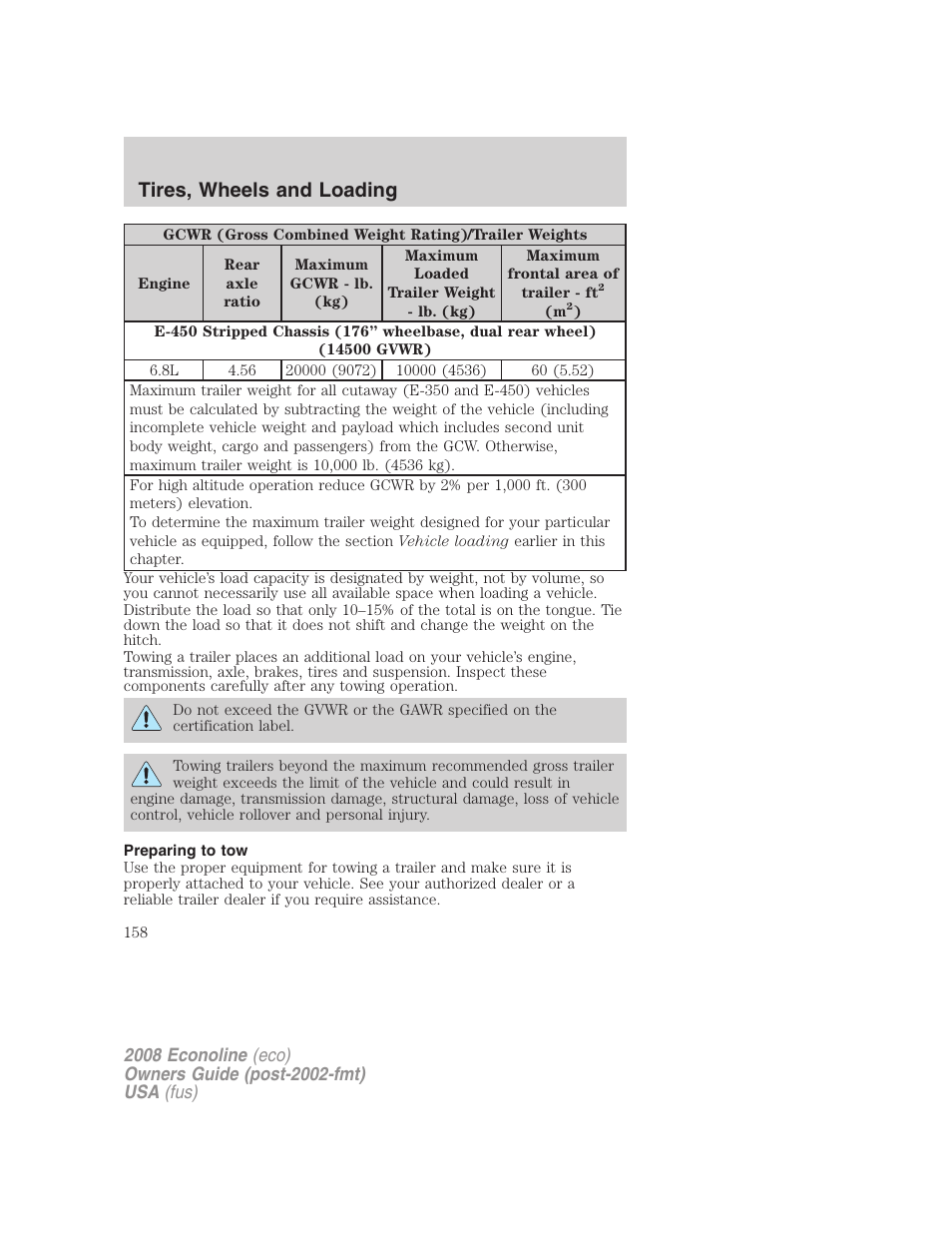 Preparing to tow, Tires, wheels and loading | FORD 2008 E-450 v.2 User Manual | Page 158 / 288