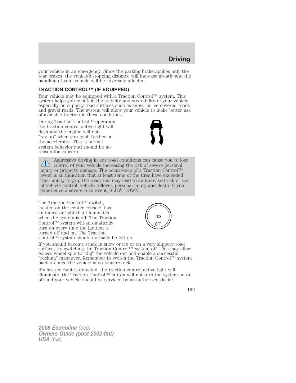 Traction control™ (if equipped), Traction control, Driving | FORD 2008 E-450 v.2 User Manual | Page 169 / 288