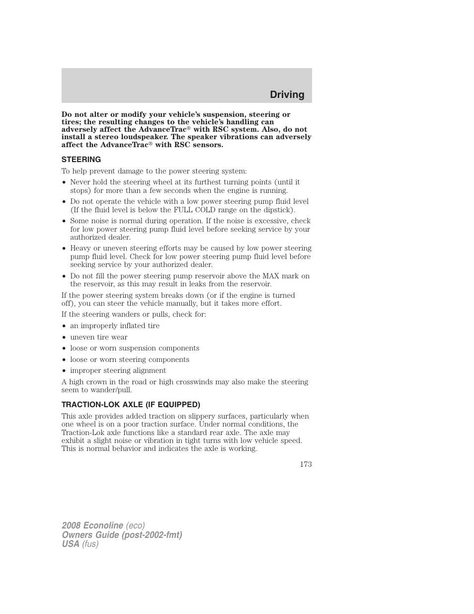 Steering, Traction-lok axle (if equipped), Driving | FORD 2008 E-450 v.2 User Manual | Page 173 / 288