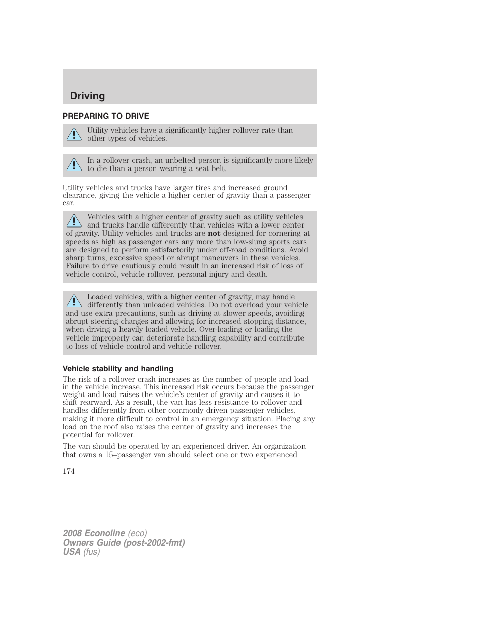 Preparing to drive, Vehicle stability and handling, Driving | FORD 2008 E-450 v.2 User Manual | Page 174 / 288