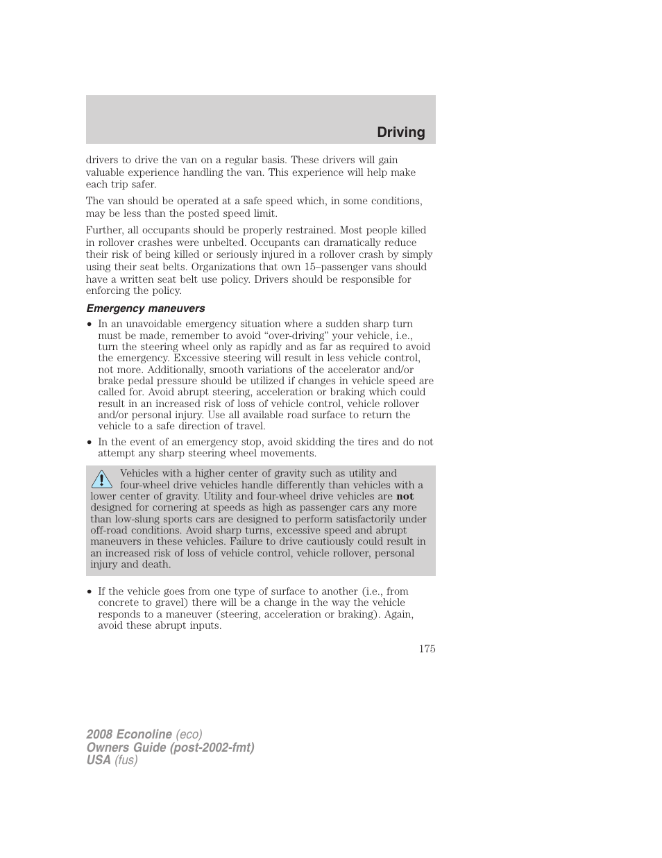 Emergency maneuvers, Driving | FORD 2008 E-450 v.2 User Manual | Page 175 / 288