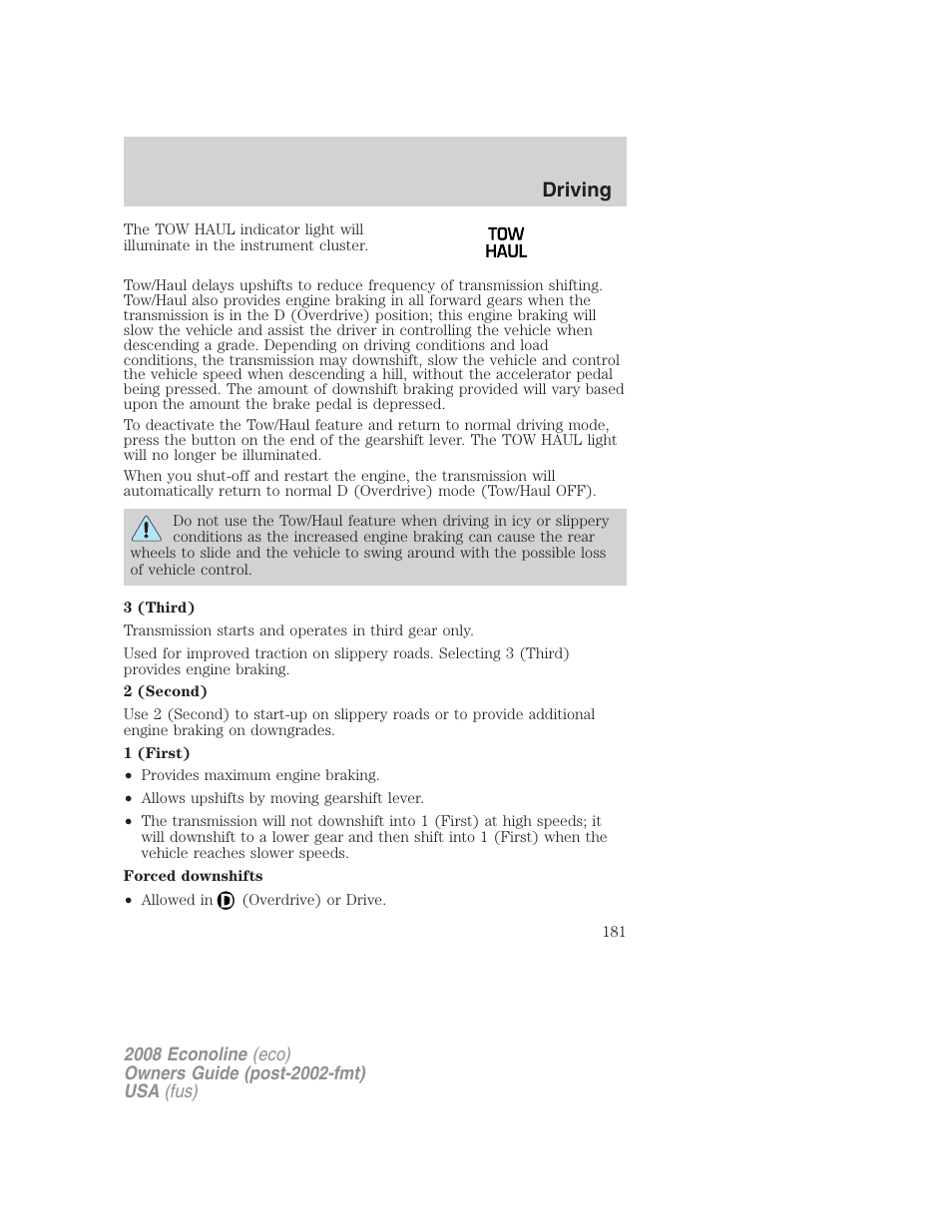 Driving | FORD 2008 E-450 v.2 User Manual | Page 181 / 288