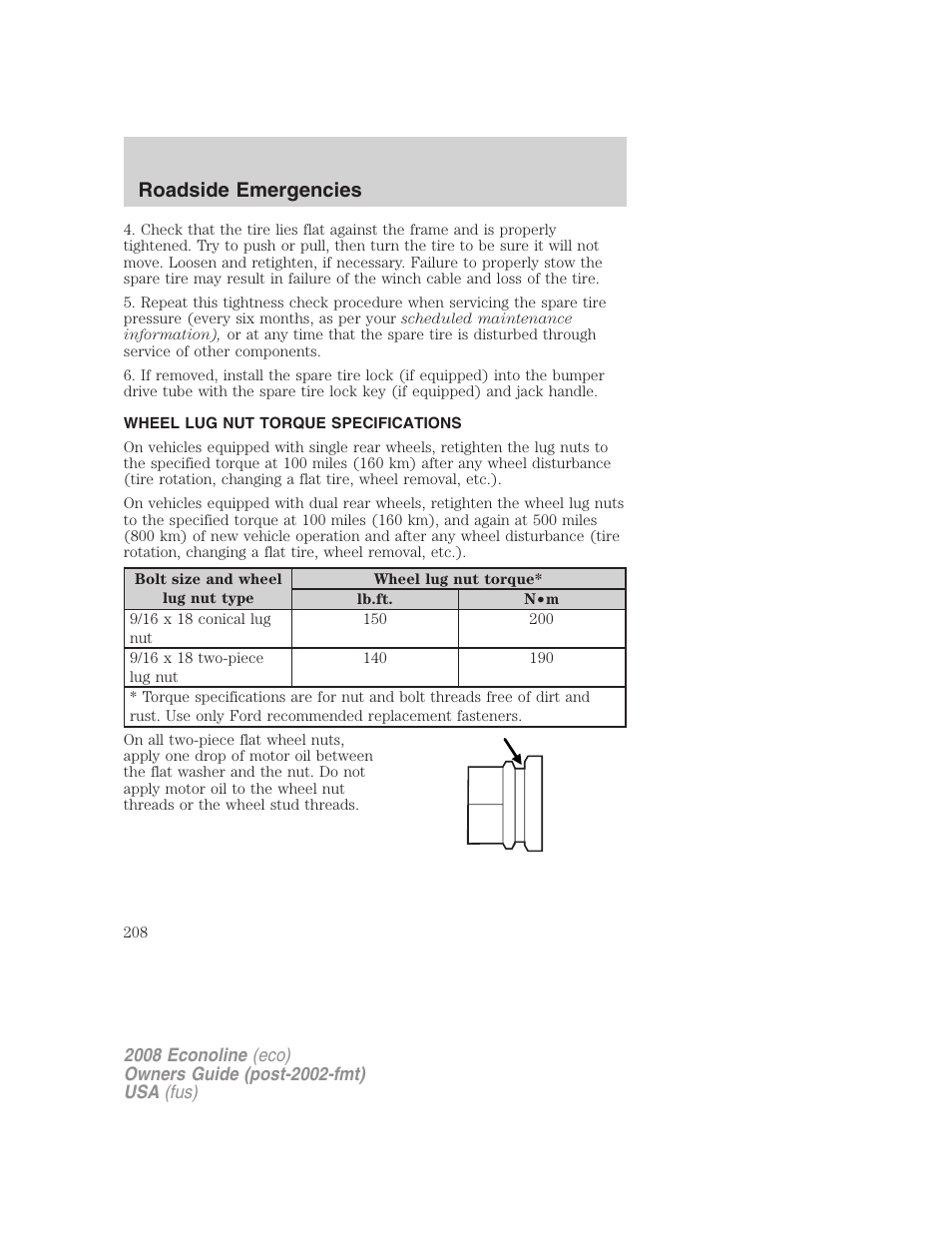 Wheel lug nut torque specifications, Lug nut torque, Roadside emergencies | FORD 2008 E-450 v.2 User Manual | Page 208 / 288