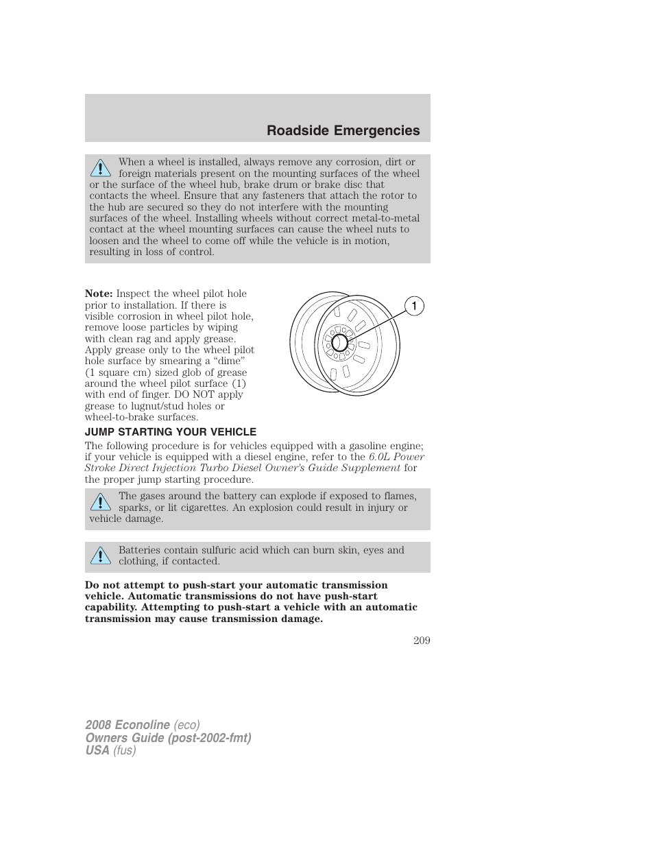 Jump starting your vehicle, Jump starting, Roadside emergencies | FORD 2008 E-450 v.2 User Manual | Page 209 / 288