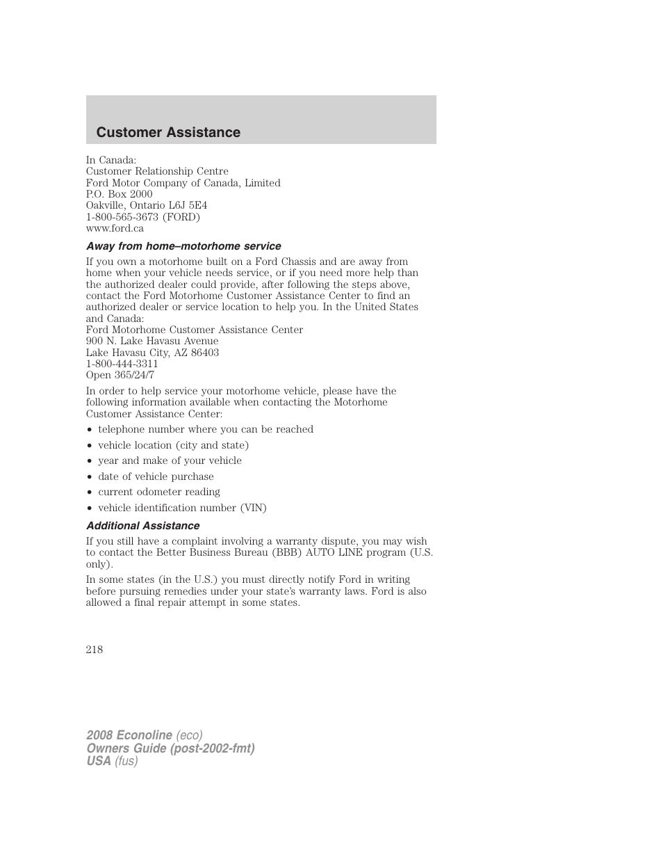 Away from home–motorhome service, Additional assistance, Customer assistance | FORD 2008 E-450 v.2 User Manual | Page 218 / 288