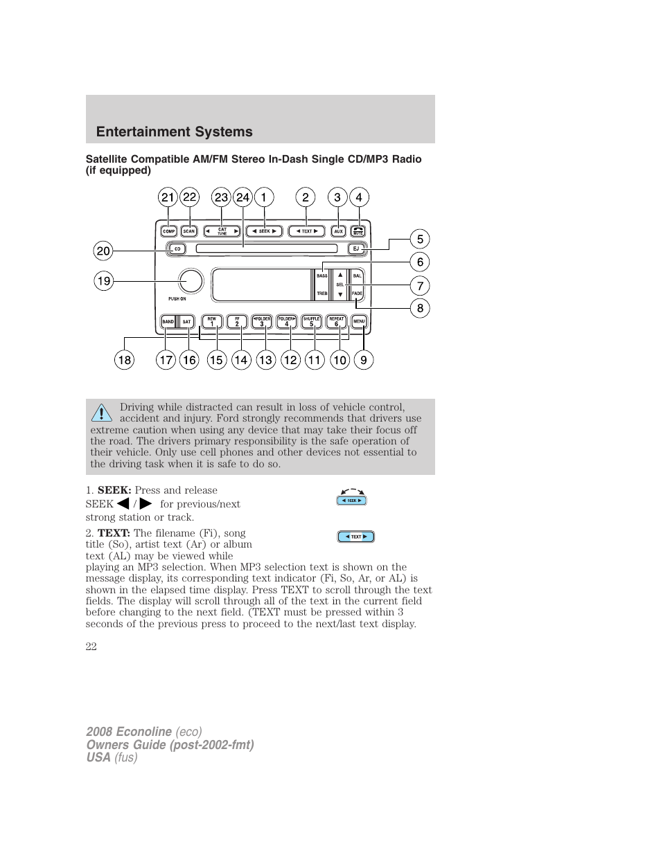 Am/fm stereo with single cd, Entertainment systems | FORD 2008 E-450 v.2 User Manual | Page 22 / 288