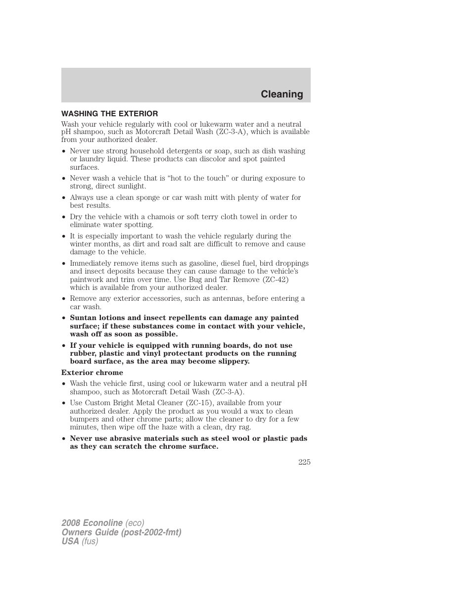 Cleaning, Washing the exterior | FORD 2008 E-450 v.2 User Manual | Page 225 / 288