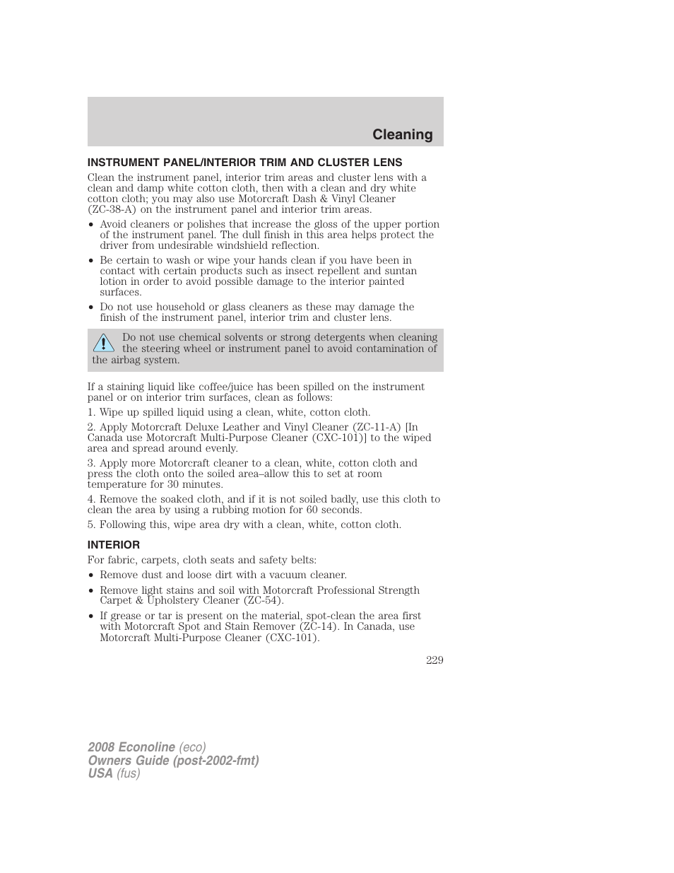 Instrument panel/interior trim and cluster lens, Interior, Cleaning | FORD 2008 E-450 v.2 User Manual | Page 229 / 288