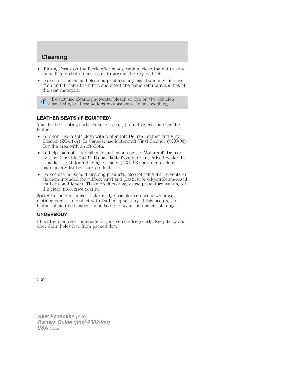 Leather seats (if equipped), Underbody, Underbody preservation | Cleaning | FORD 2008 E-450 v.2 User Manual | Page 230 / 288