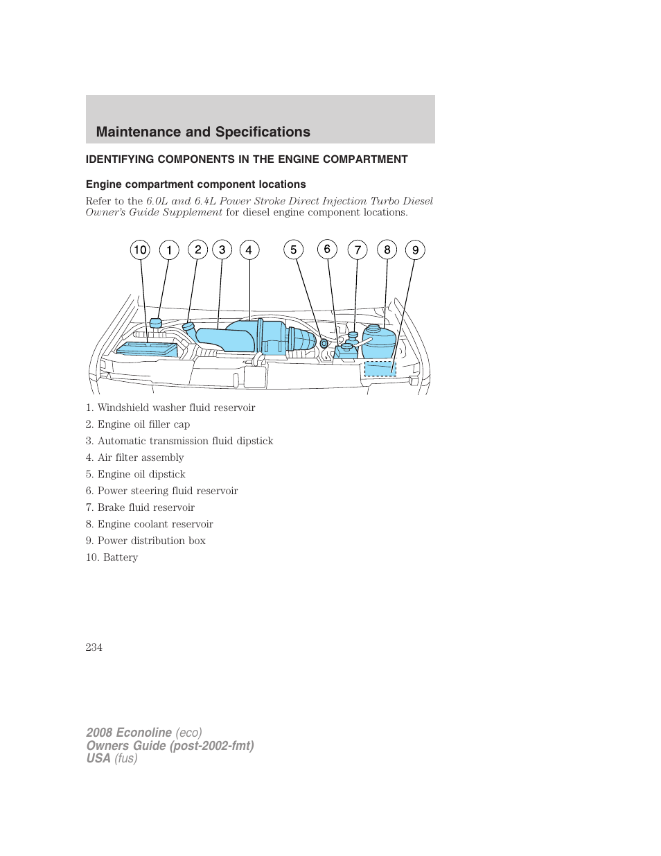 Identifying components in the engine compartment, Engine compartment component locations, Engine compartment | Maintenance and specifications | FORD 2008 E-450 v.2 User Manual | Page 234 / 288