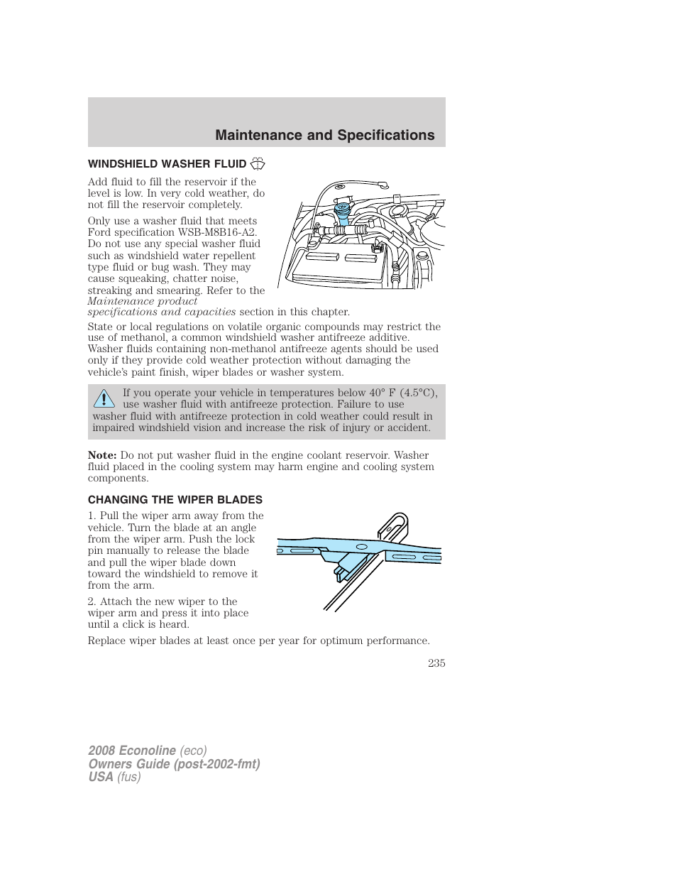 Windshield washer fluid, Changing the wiper blades, Maintenance and specifications | FORD 2008 E-450 v.2 User Manual | Page 235 / 288