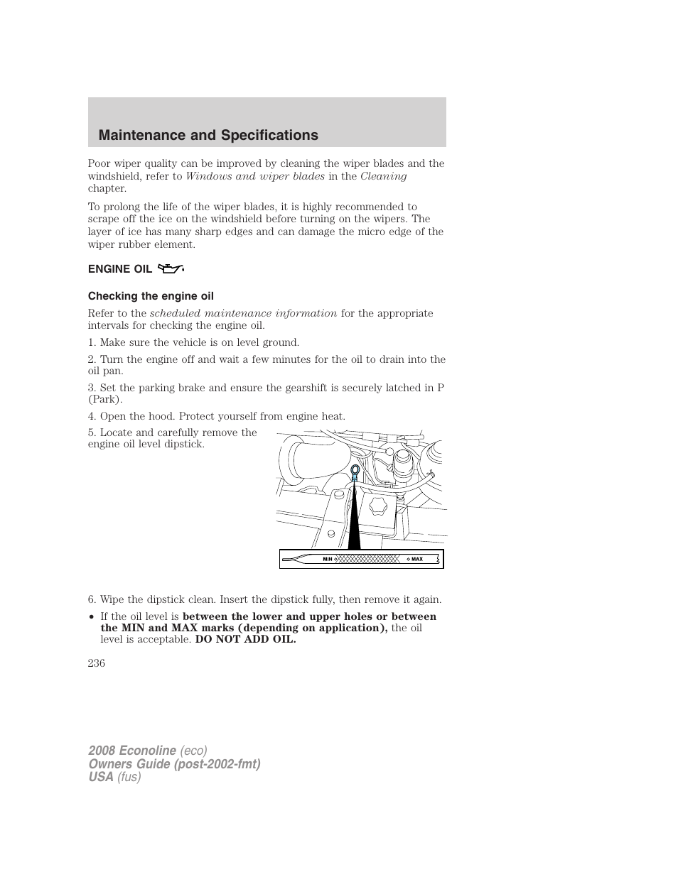 Engine oil, Checking the engine oil, Maintenance and specifications | FORD 2008 E-450 v.2 User Manual | Page 236 / 288