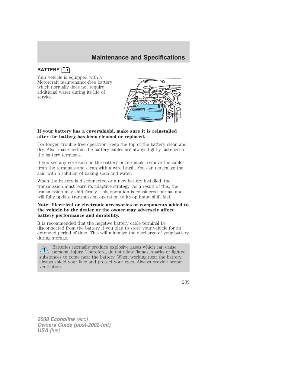 Battery, Maintenance and specifications | FORD 2008 E-450 v.2 User Manual | Page 239 / 288