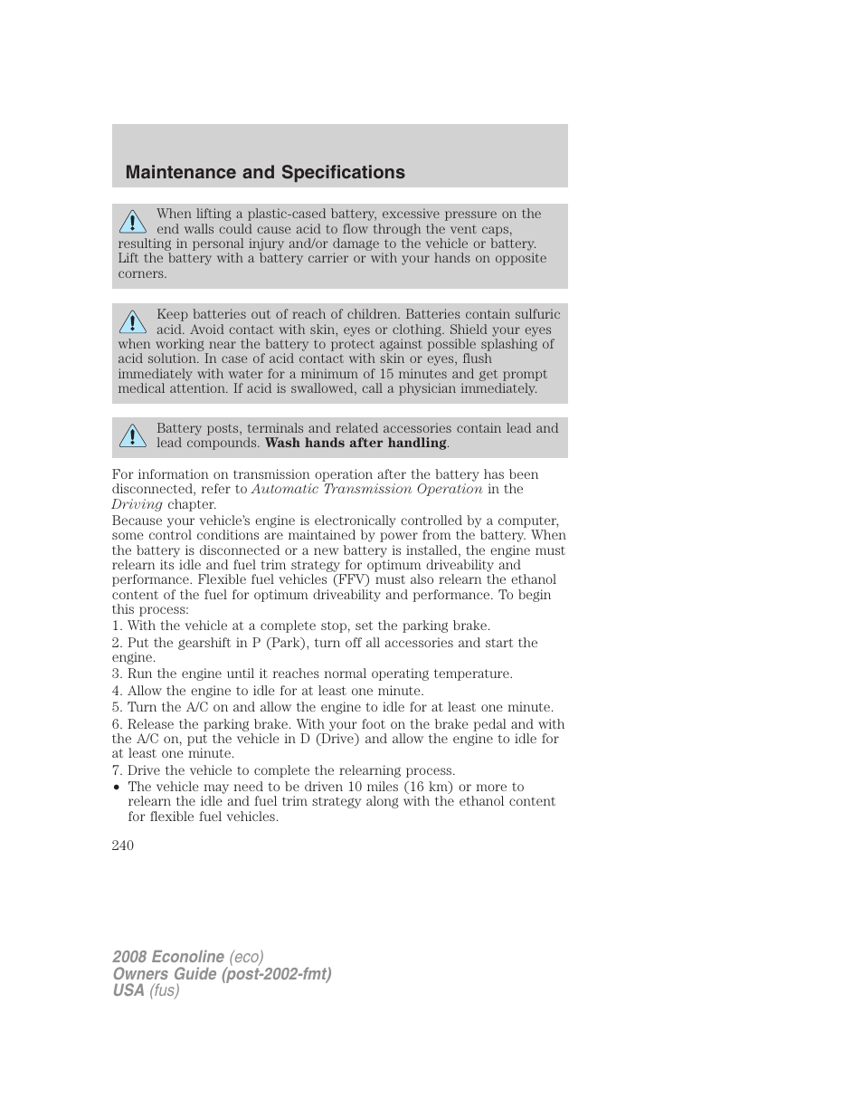 Maintenance and specifications | FORD 2008 E-450 v.2 User Manual | Page 240 / 288