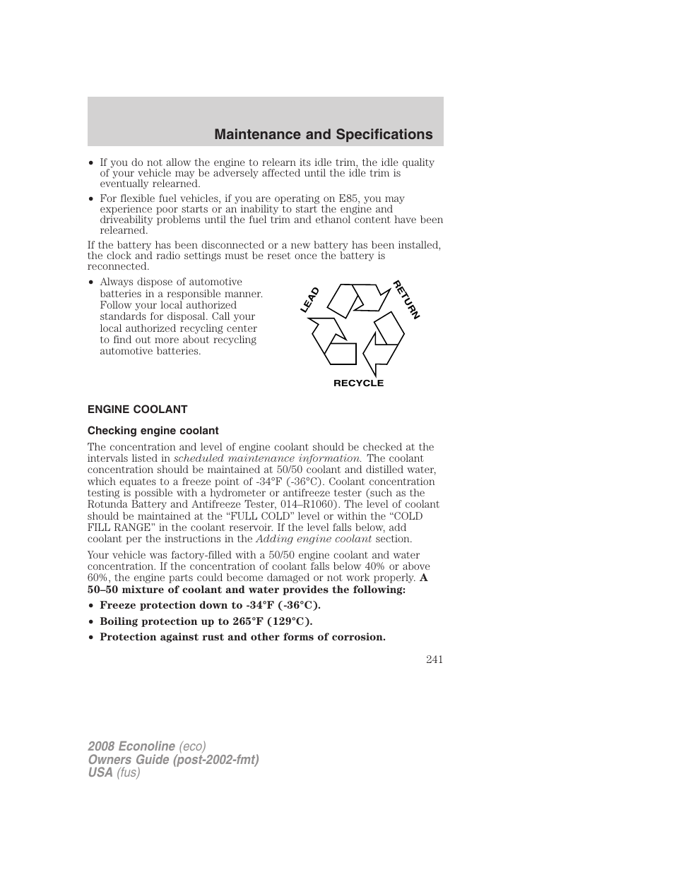 Engine coolant, Checking engine coolant, Maintenance and specifications | FORD 2008 E-450 v.2 User Manual | Page 241 / 288